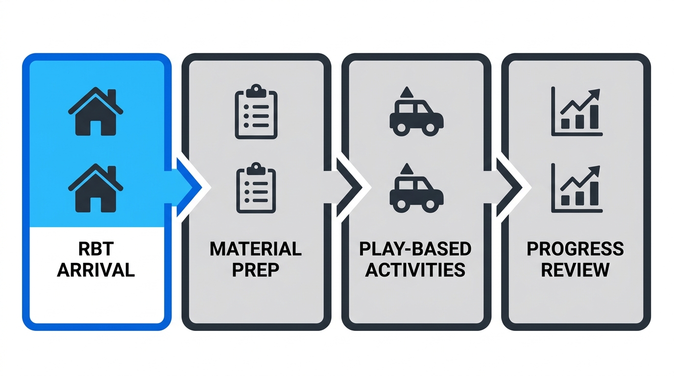 Horizontal flow diagram showing four stages of in-home ABA therapy session: RBT arrival, material preparation, play-based activities, and progress review.