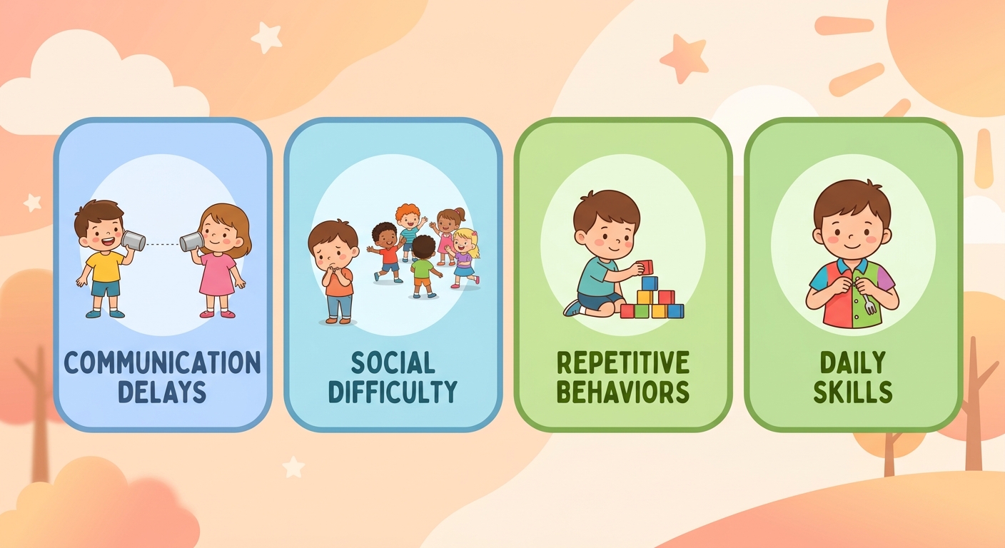 Infographic showing four signs a child may benefit from ABA therapy at home with icons and labels: communication delays, social difficulty, repetitive behaviors, and daily living skills challenges.