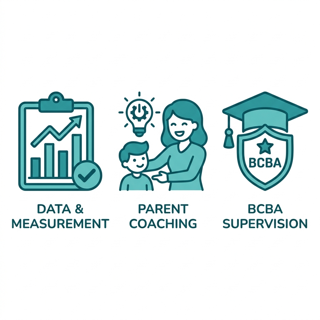 Three flat teal icons on white background: data graph symbolizing goal measurement, parent-child for coaching, and certification badge for BCBA supervision, with short labels below.