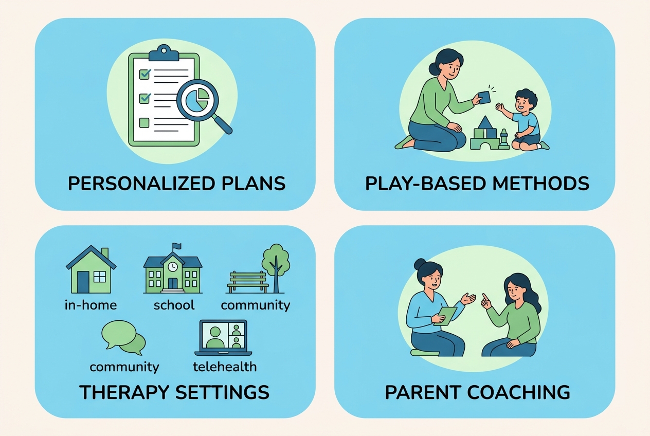 Infographic showing four aspects of ABA therapy: personalized plans, play-based methods, therapy settings, and parent coaching.