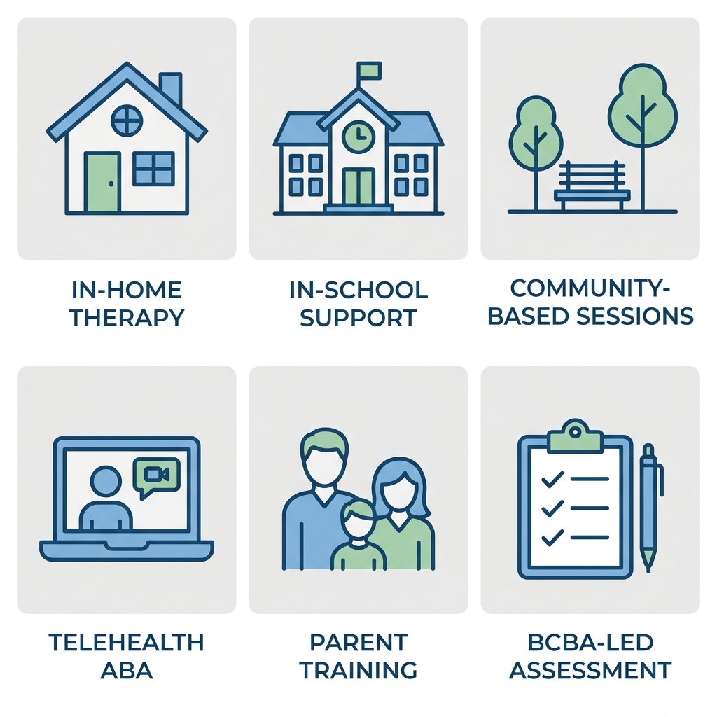 Icon set showing six ABA therapy services in Montgomery County including in-home, in-school, community, telehealth, parent training, and BCBA assessment