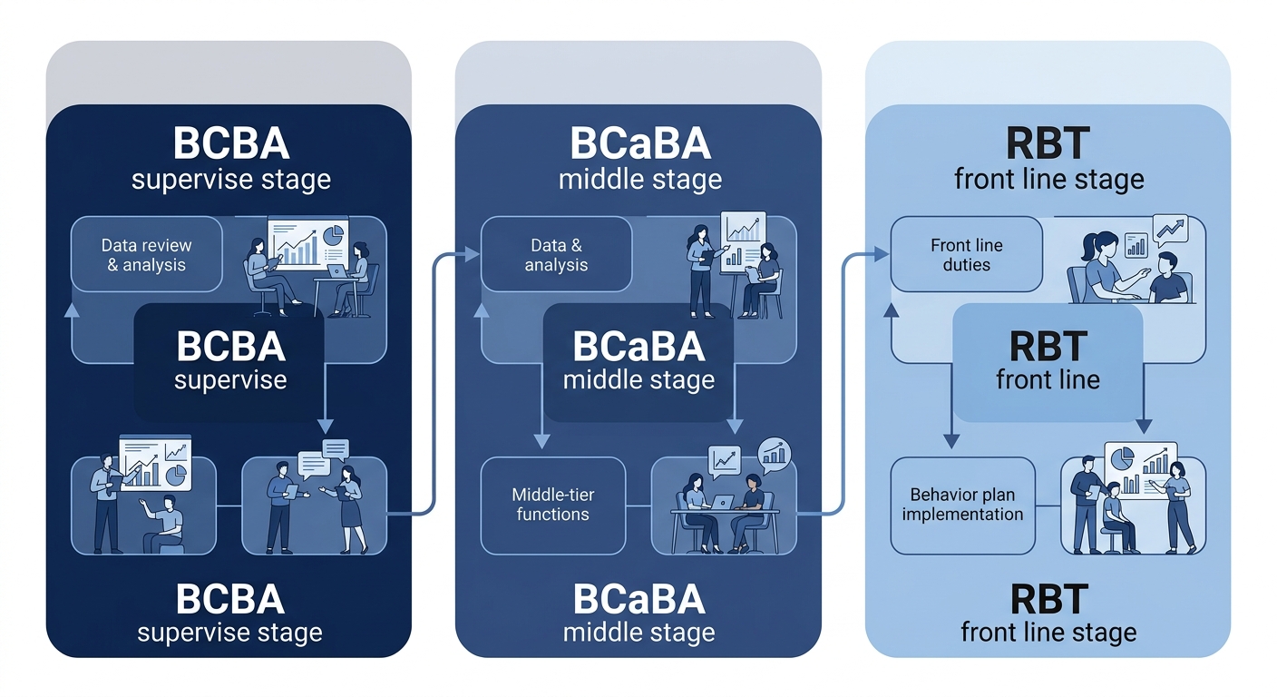 Horizontal process flow showing three connected stages from BCBA to BCaBA to RBT with role labels, illustrating the supervision hierarchy in ABA therapy.