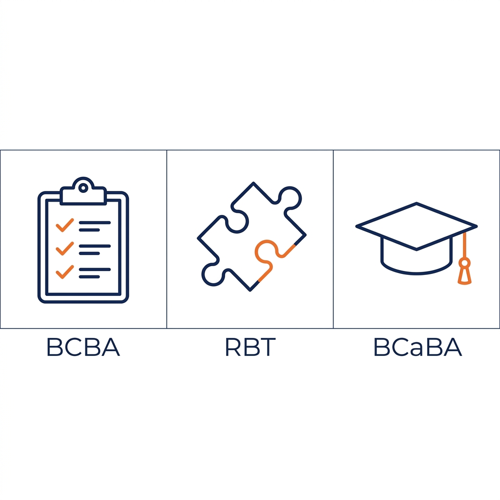 Three
            icon set representing ABA therapy credentials: clipboard for BCBA, puzzle piece for RBT, graduation cap for
            BCaBA