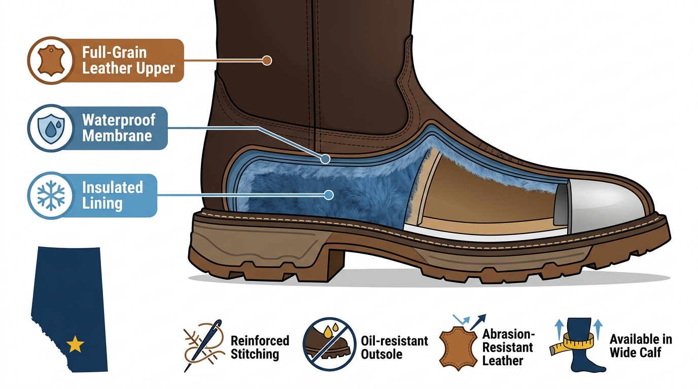 Boot durability infographic for Alberta winters with boot cross-section, leather, waterproof, and insulation callouts, Alberta map, and four durability feature icons