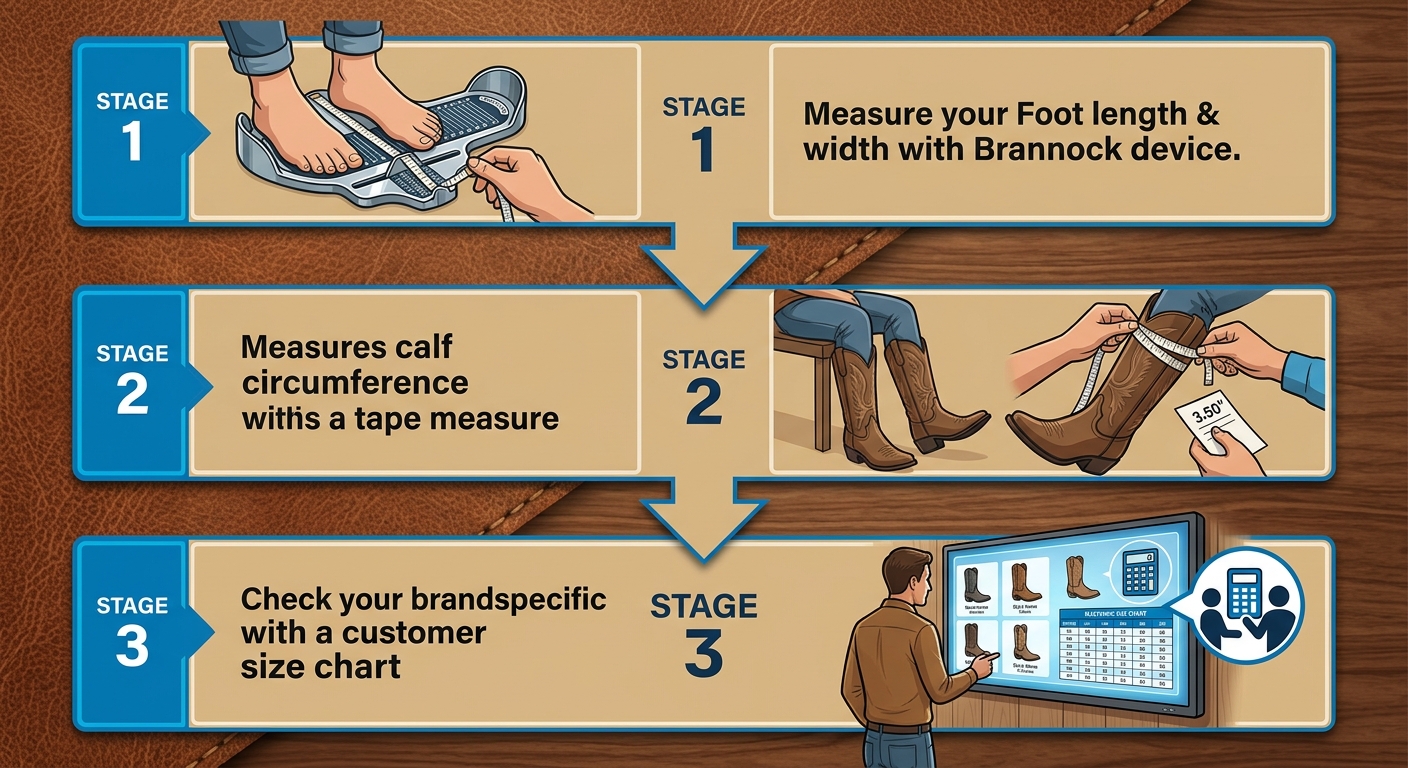A vertical three-step process for measuring western boot fit showing foot measurement, calf circumference, and size chart consultation on a Canadian ranch supply website.