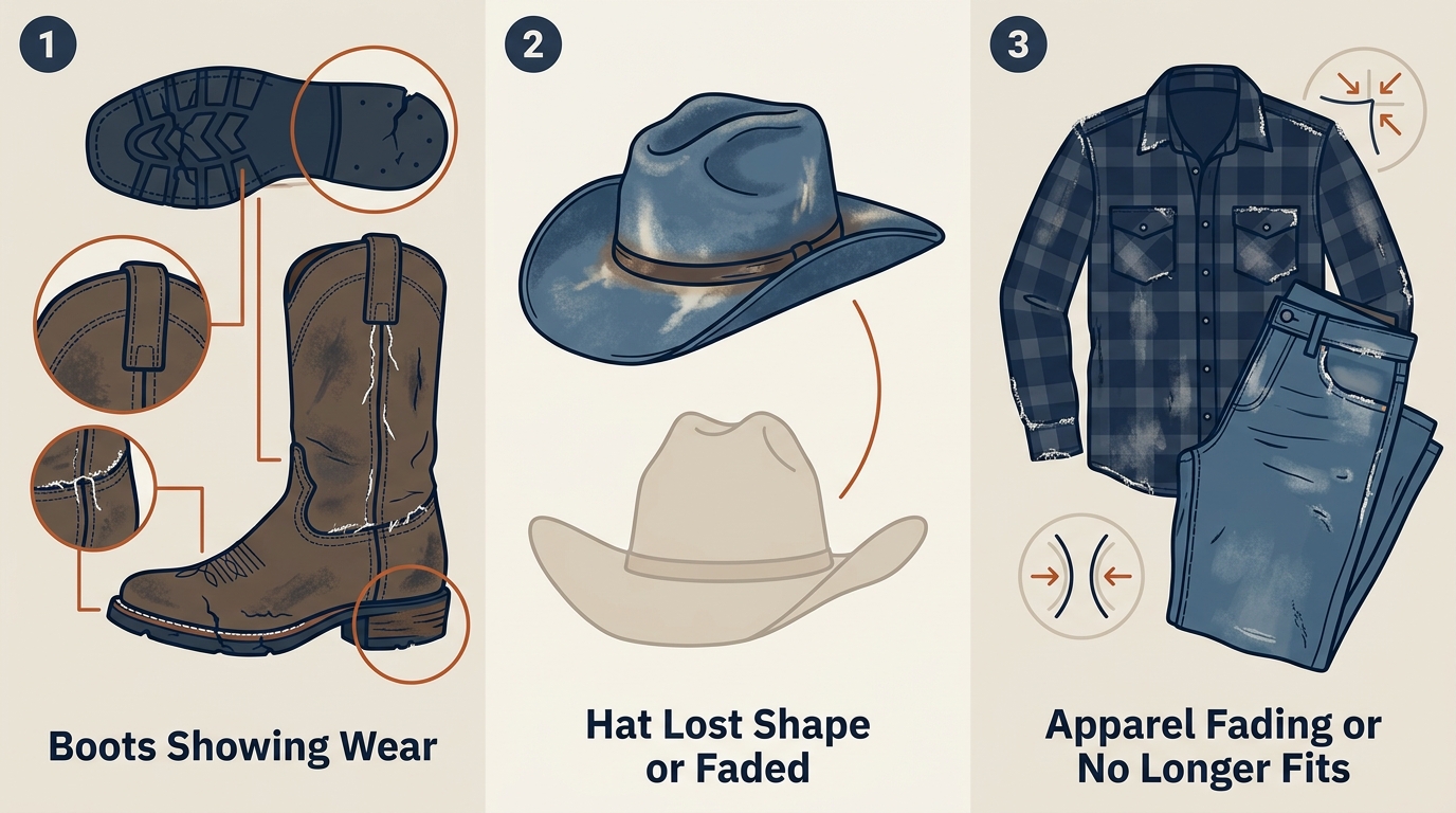 Three panels showing signs to update western wardrobe: worn boots, broken hat, and faded clothing, with orange and navy accents on neutral background