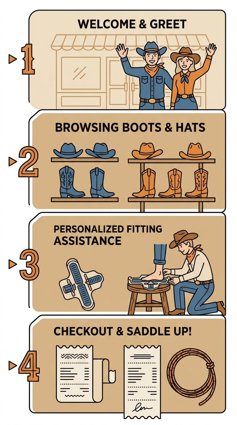 Vertical timeline showing four stages of boot and hat shopping at MacRae's Farm and Ranch in Hardisty, Alberta, with friendly staff, browsing, fitting, and checkout steps.