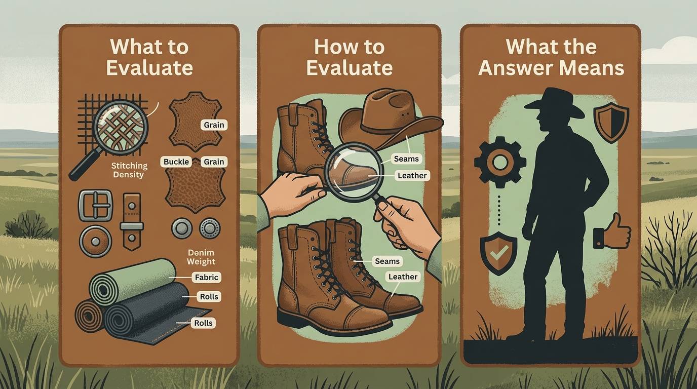 Infographic with three panels for evaluating western wear quality