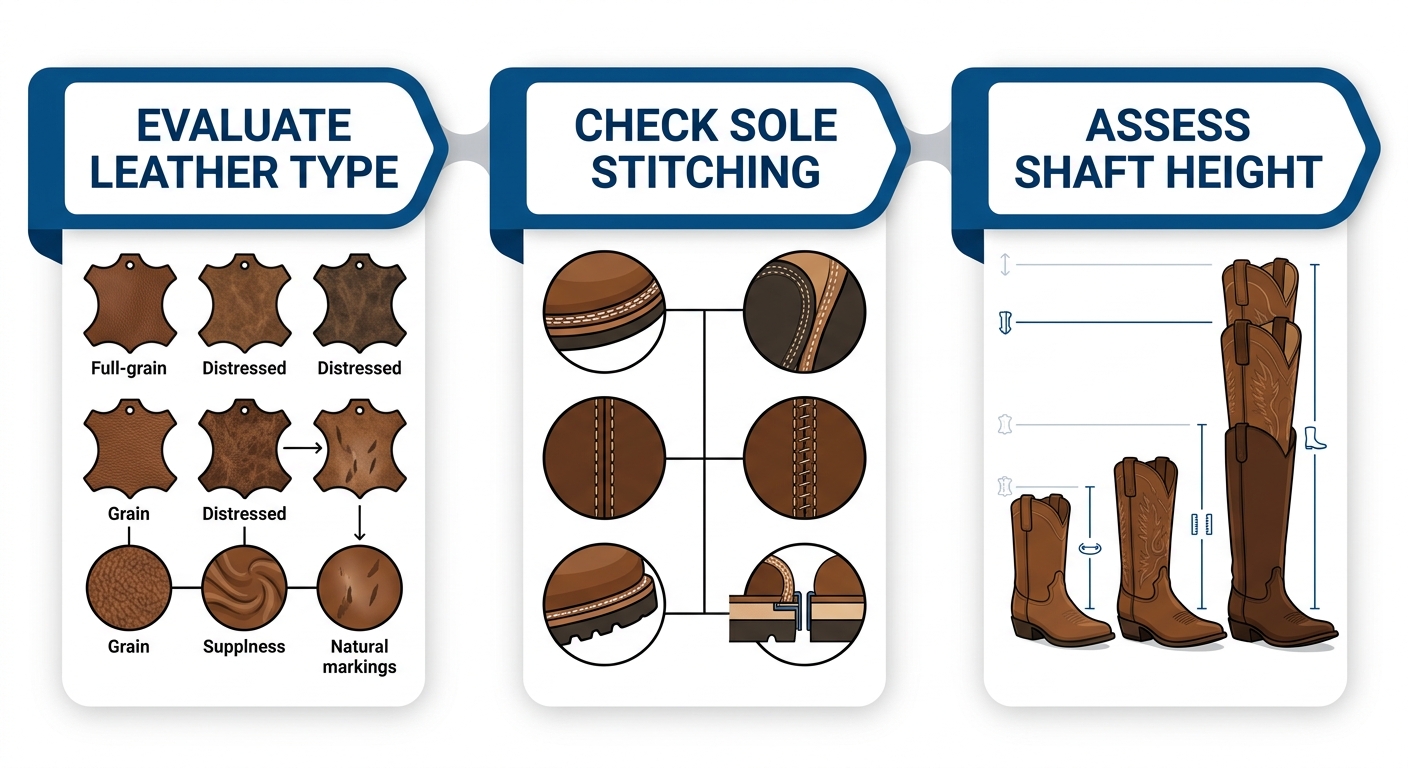 Horizontal three-step process flow for evaluating cowboy boot construction and fit, showing steps for leather type, sole, stitching, and shaft height assessment