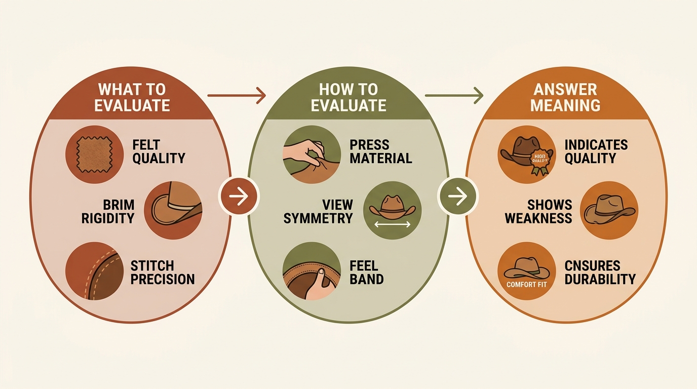 Three-step process flow showing cowboy hat quality evaluation stages, from material assessment to weather resistance interpretation