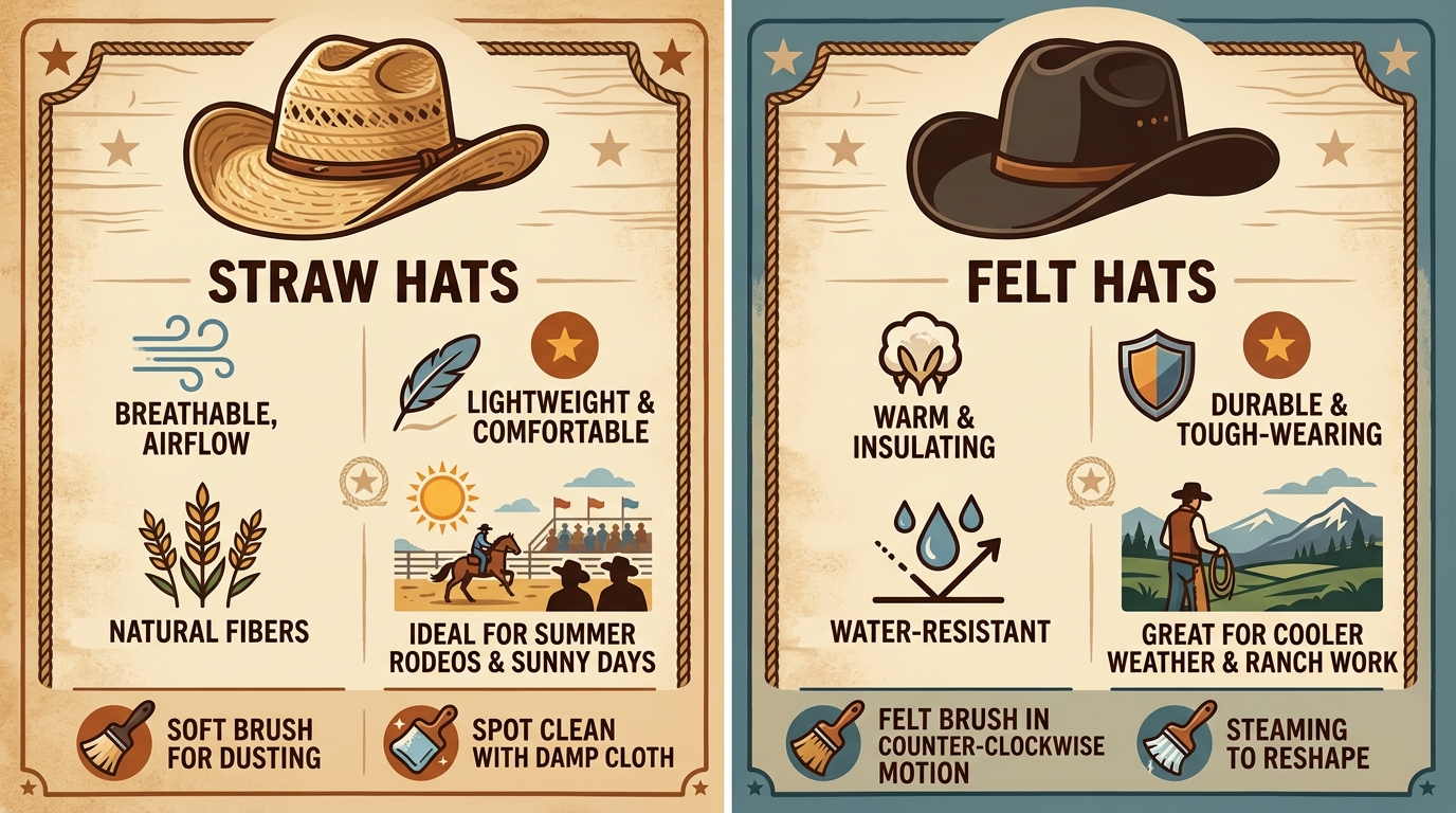 Vertical comparison infographic showing straw hat features on left and felt hat features on right, with care icons below.