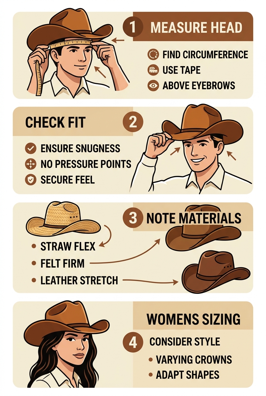Vertical four-step process for cowboy hat fitting, from measuring head to women's sizing, with brown and cream color scheme.