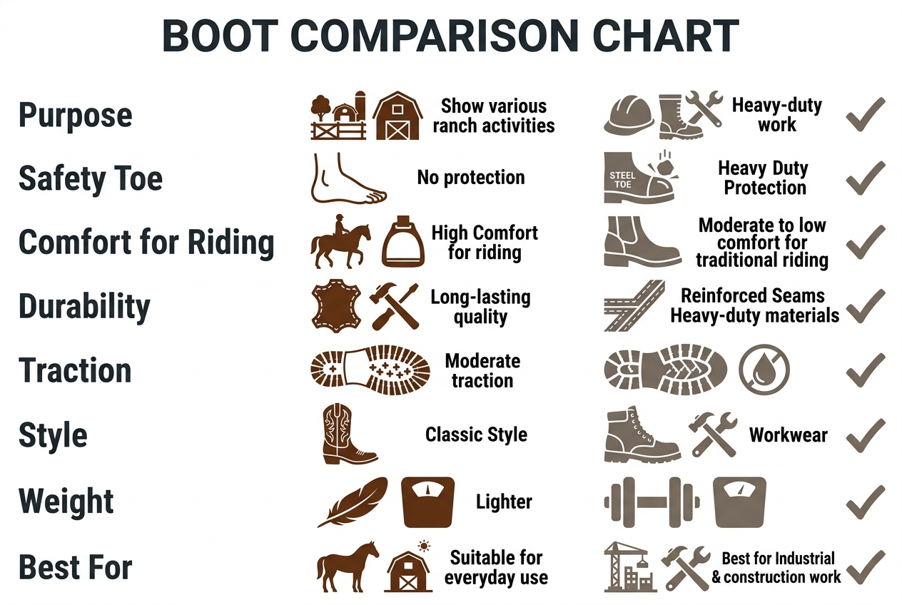 Side-by-side comparison of western boots versus steel toe work boots across eight key features