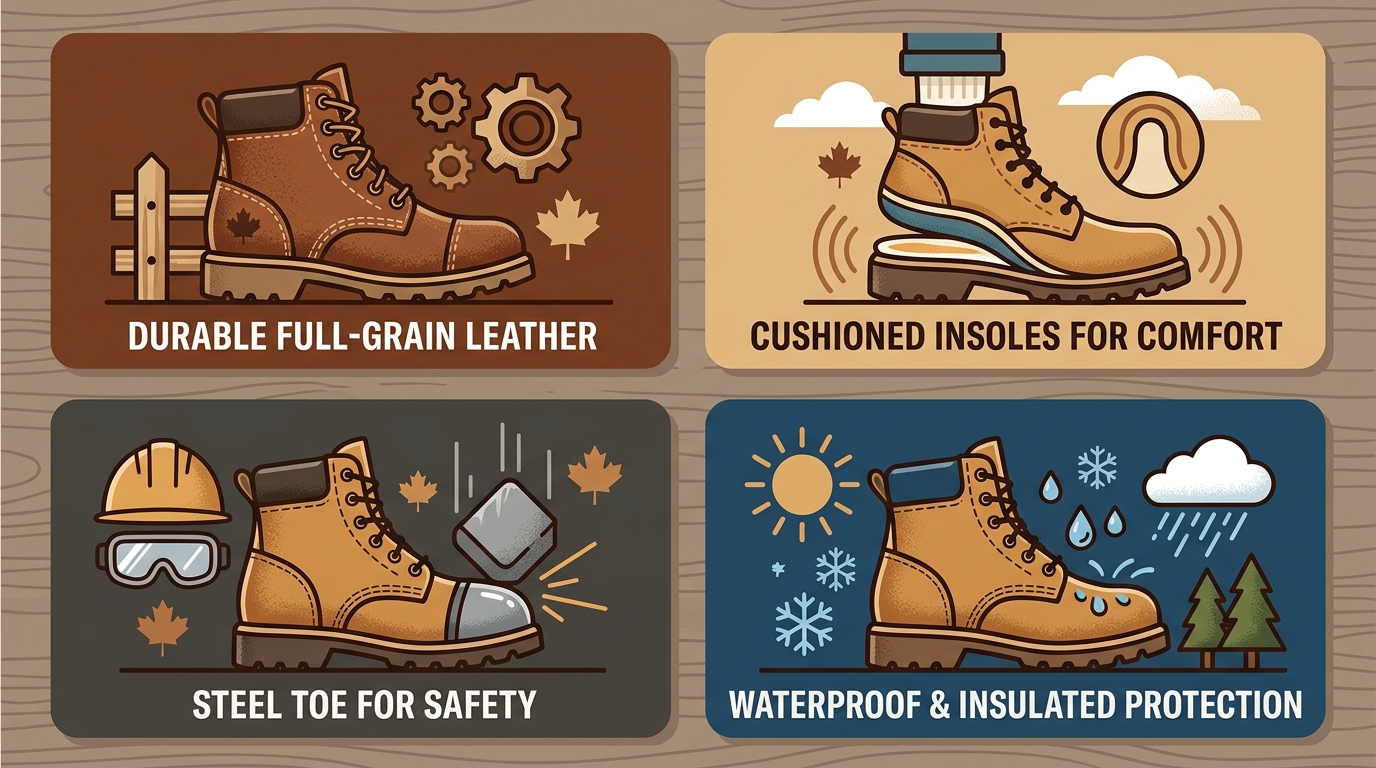 Infographic showing four key considerations for choosing ranch work boots in Canada: durability, comfort, safety, and weather protection with icon-based cards in warm earthy tones.