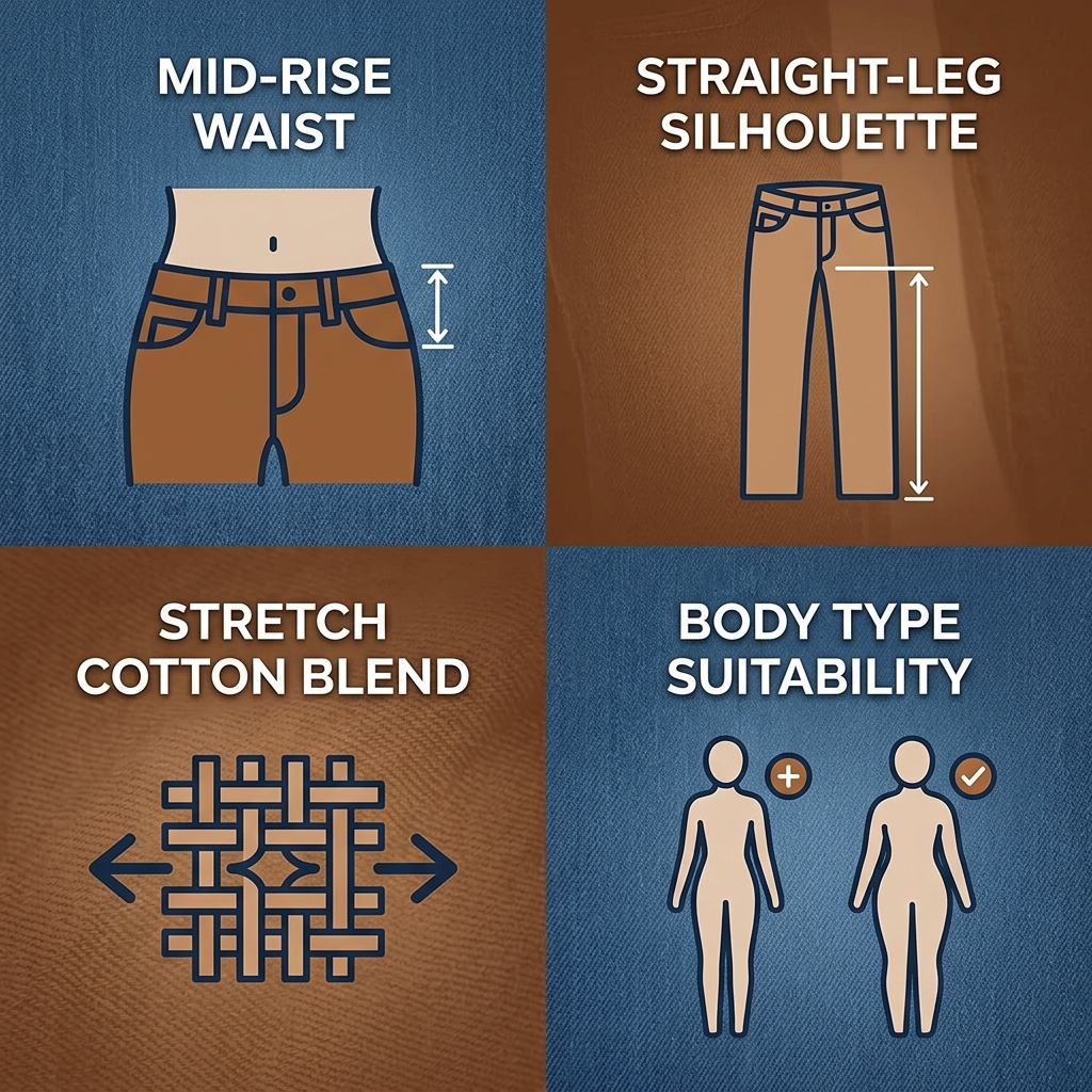 Infographic showing four key fit features of Kimes Olivia jeans with icons and warm browns and denim blues color palette