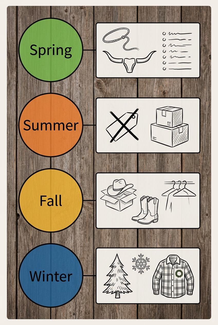 A vertical timeline on a rustic wooden background with four seasonal markers for western wear: a green circle for spring, an orange circle for summer, a gold circle for fall, and a blue circle for winter. Each marker has a small description box to the right.