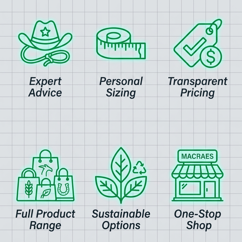 Set of six service icons showing expert advice, personal sizing, transparent pricing, full product range, sustainable options, and one-stop shop for MacRae's Farm And Ranch Supply