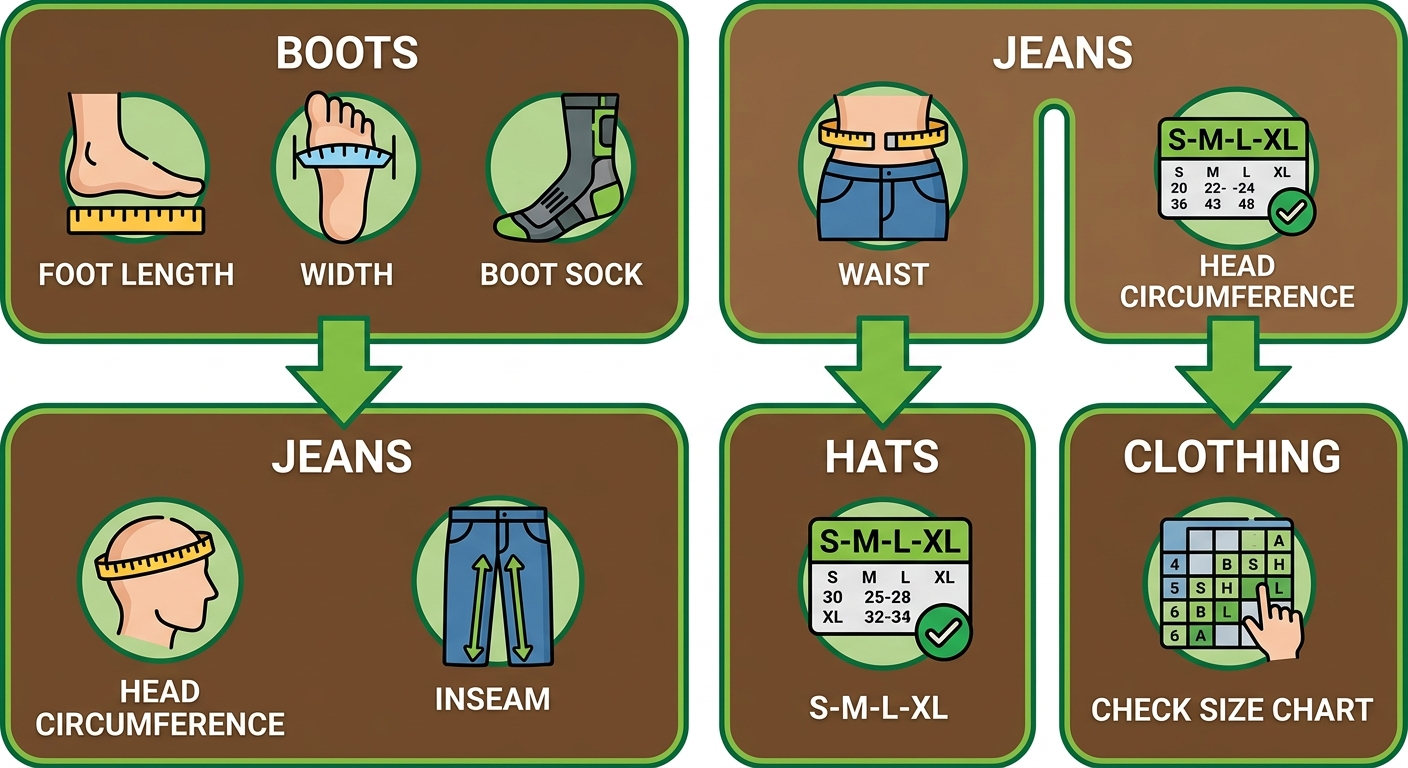 Four-step vertical sizing guide for Ariat western apparel products with boot, jeans, hat, and clothing measurements