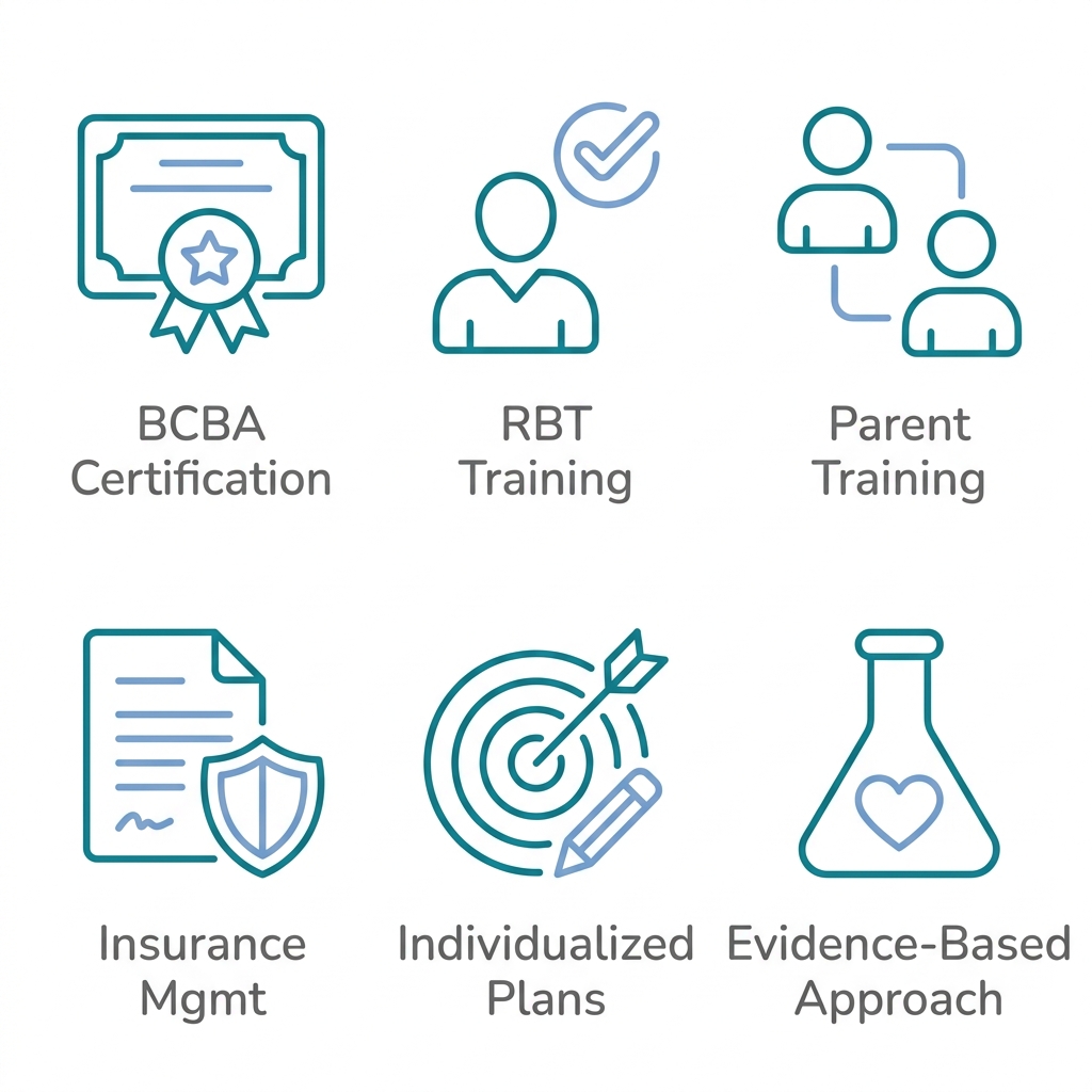 A grid of six outline icons for evaluating ABA therapy providers in Norfolk, Virginia, representing BCBA certification, RBT training, parent training, insurance management, individualized plans, and evidence-based approach, with labels in teal, soft blue, and gray on white.