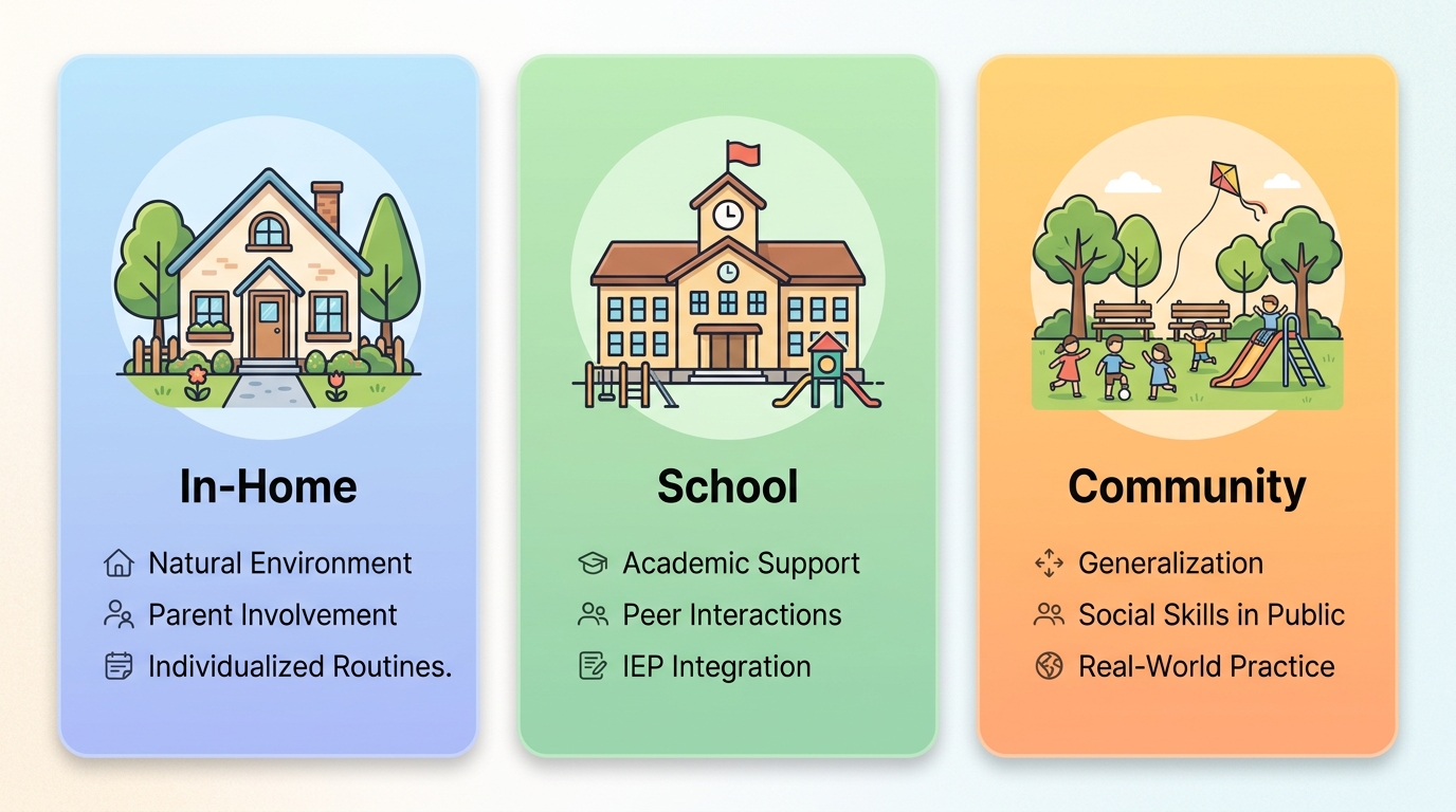 Infographic comparing three ABA therapy settings: In-Home with house icon in pastel blue, School with school icon in soft green, and Community with park icon in warm orange.