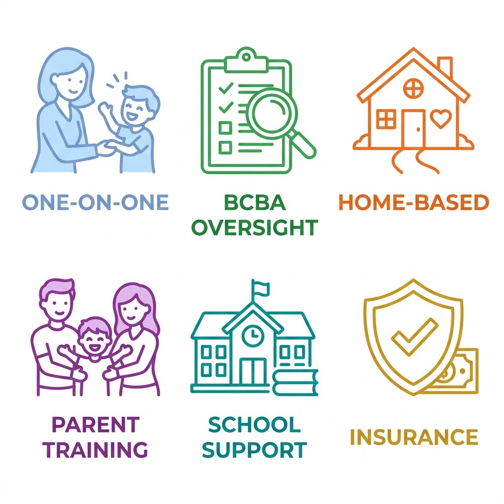 Grid of six icons representing ABA therapy services: 1:1 therapy, BCBA oversight, home-based delivery, parent training, school support, and insurance management, with colorful outlines on white background.