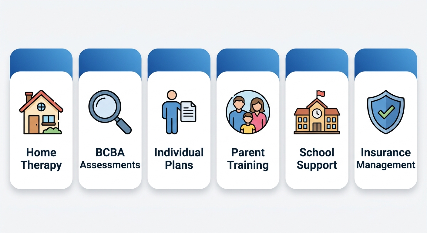 Infographic showing six ABA therapy services for Richmond: home therapy, BCBA assessments, individualized plans, parent training, school support, and insurance management.