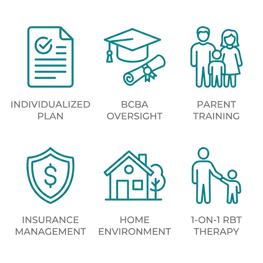 2x3 grid of teal outline icons representing key factors for in-home ABA therapy, with labels: Individualized Plan, BCBA Oversight, Parent Training, Insurance Management, Home Environment, and 1-on-1 RBT Therapy.