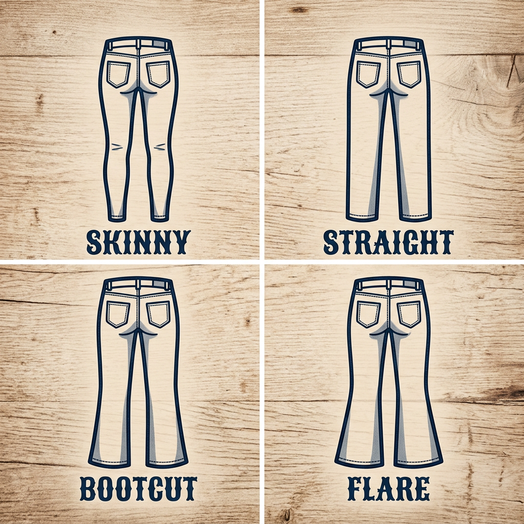 2x2 grid of jean silhouette icons representing different fits: skinny, straight, bootcut, and flare, each outlined in dark denim blue on a rustic wood background.