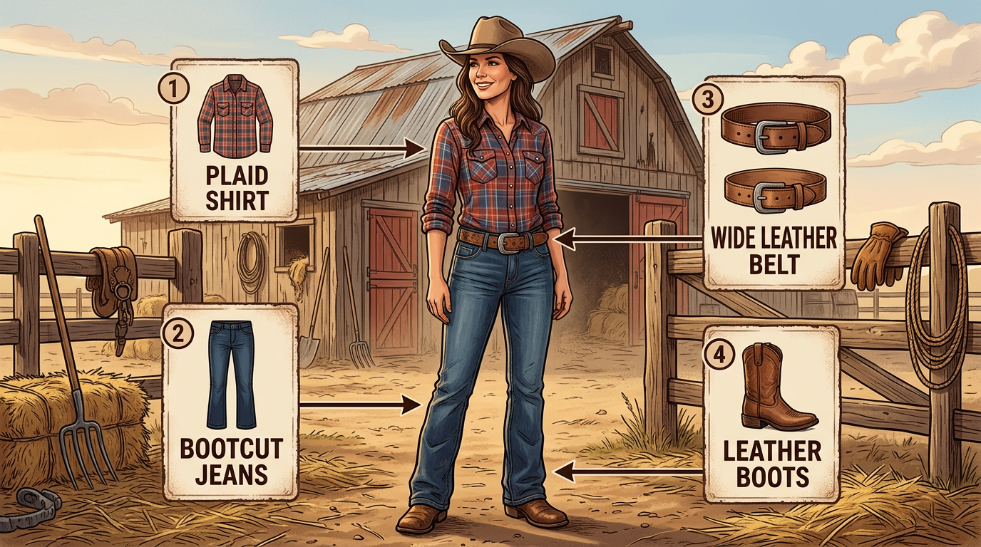 Illustrated infographic of a woman in ranch wear with callout labels pointing to jeans, boots, plaid shirt, and belt, set against a barnyard background.