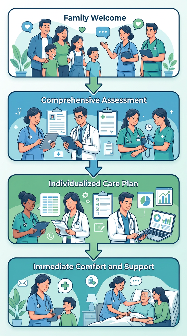 Vertical process flow showing four stages of Cherish Hospice's arrival assessment: Family Welcome, Assessment, Care Plan, and Comfort and Support, with arrow connectors and calming blue and green tones.