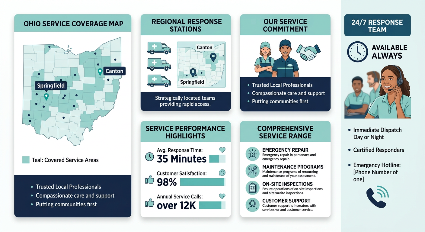Hospice service coverage map of Ohio showing Springfield and Canton regions with 24/7 response team