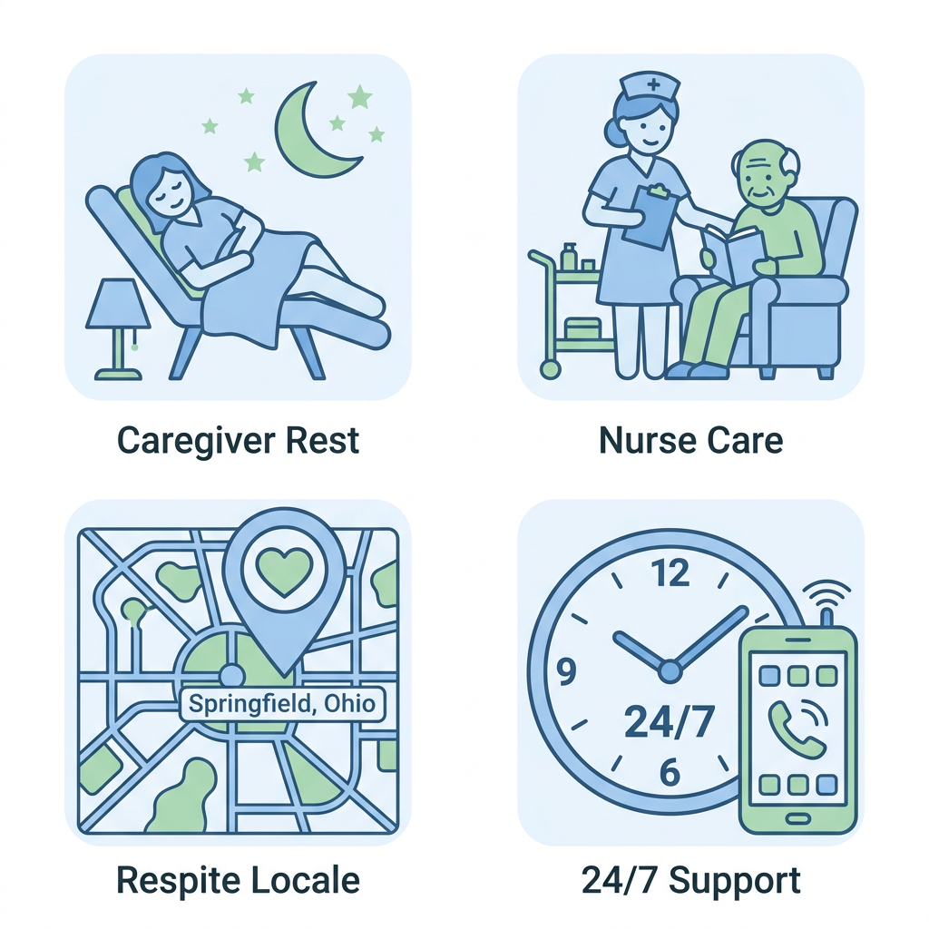 Respite care icon set including caregiver rest, patient care, location pin, and 24/7 support