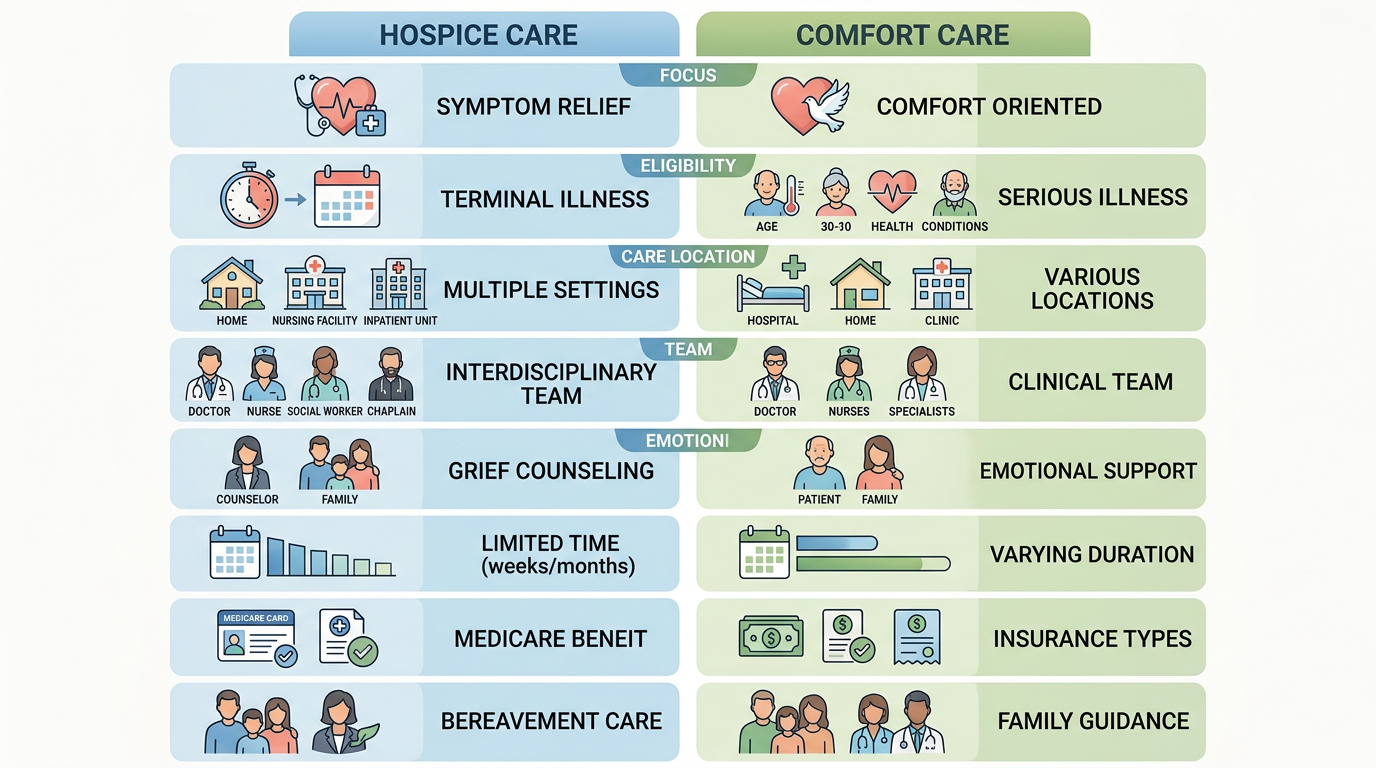 Side-by-side infographic comparing hospice and comfort care across eight dimensions including focus, eligibility, care location, and family support, with color-coded columns in blue and green and small icons for each row.
