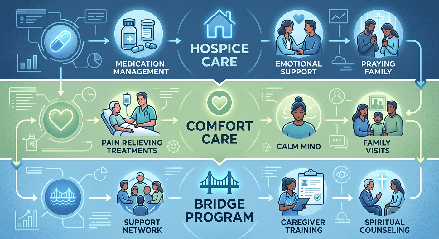 Vertical flow diagram showing three hospice care pathways: Hospice Care, Comfort Care, and Bridge Program, each with descriptive icons in warm blue and green tones.
