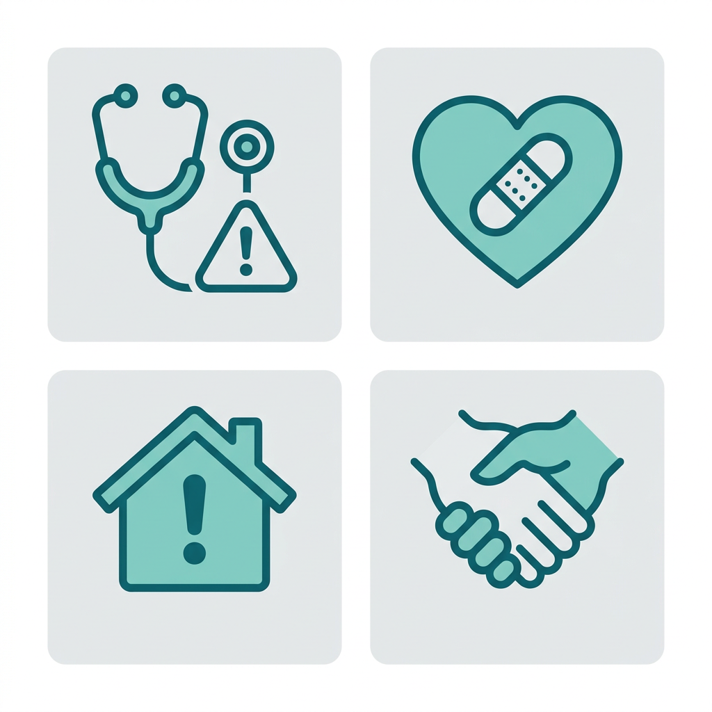 Grid of four tranquil icons showing emergency situations: stethoscope alert, bandaged heart, crisis house, and hands clasped in support.