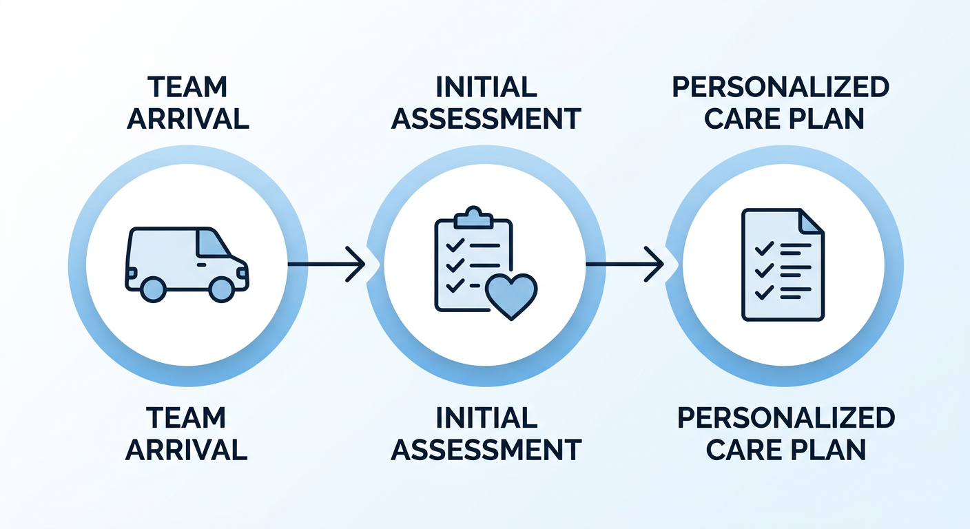 Three-step horizontal process flow showing respite care team arrival steps: team arrival, initial assessment, and personalized care plan, with soft blue icons and connecting arrows on white background.