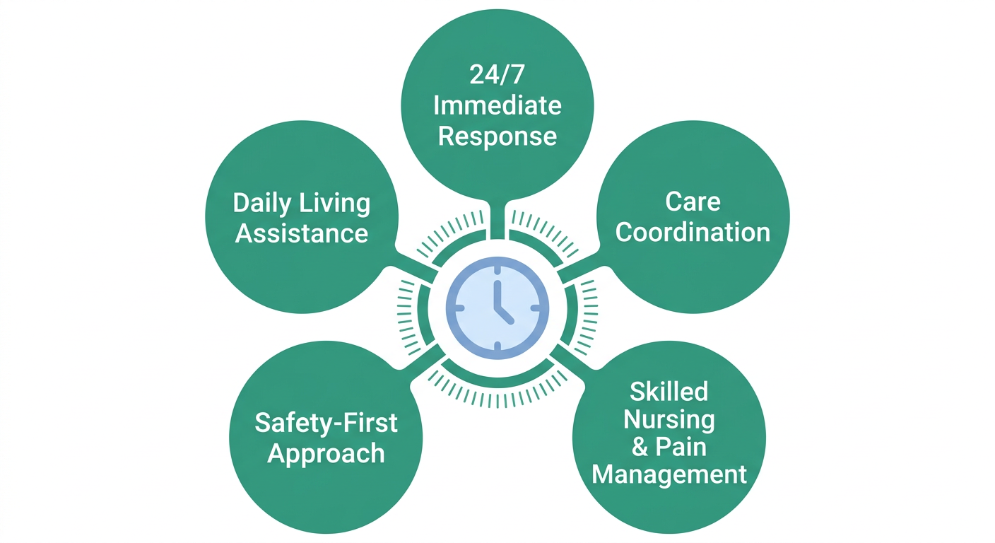 Warm infographic showing Cherish Hospice's 24/7 commitment with central clock icon and five radiating service bubbles for safety-first, skilled nursing, daily living assistance, and care coordination in soft blue and green tones.