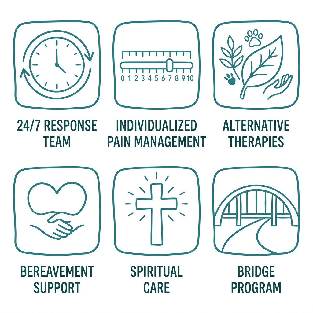 A 2x3 grid of six outline icons representing Cherish Hospice services: clock for 24/7 response, pain scale for pain management, leaf for alternative therapies, heart for bereavement support, cross for spiritual care, and bridge for the Bridge Program, each with a short label on a white background.