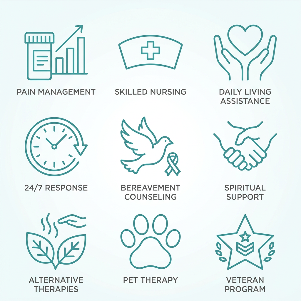 Grid of nine simple line icons for key hospice services including pain management, skilled nursing, daily living assistance, 24/7 response, bereavement counseling, spiritual support, alternative therapies, pet therapy, and veteran program