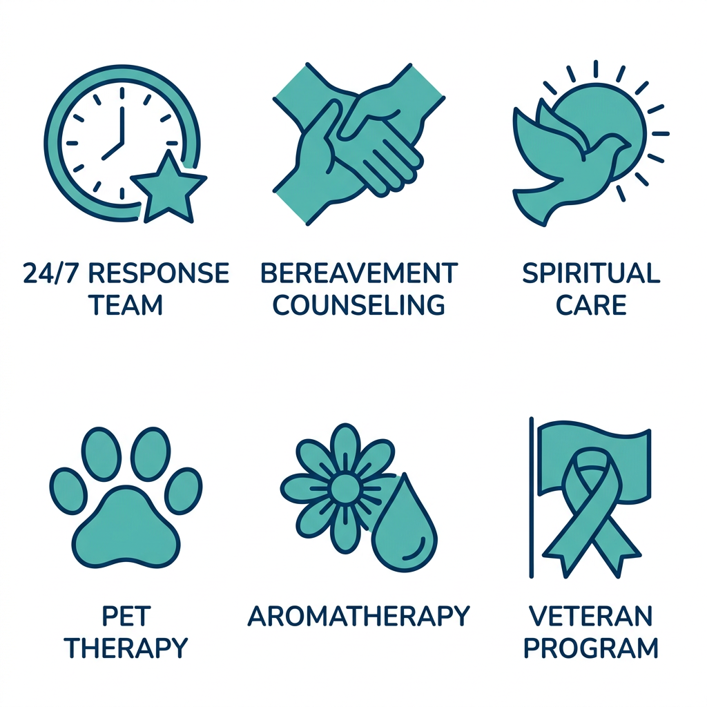 Icon grid showing six support services for Cherish Hospice in the Kokomo area including 24/7 response team, bereavement counseling, spiritual care, pet therapy, aromatherapy, and veteran program