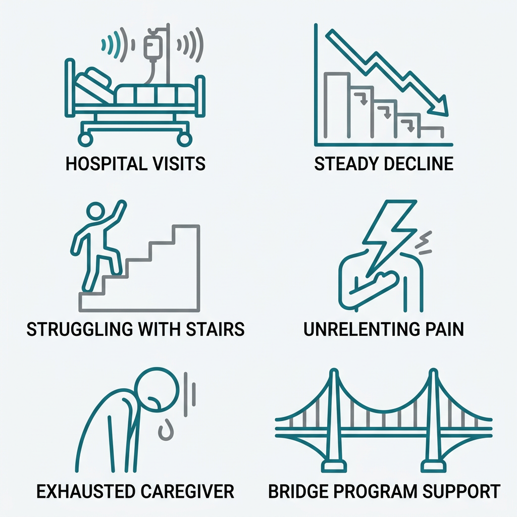 Six icons arranged in a grid: hospital bed, downward graph, stairs, lightning bolt, exhausted person, and a bridge, each labeled with a warning sign for hospice care need, in teal and gray outline style.