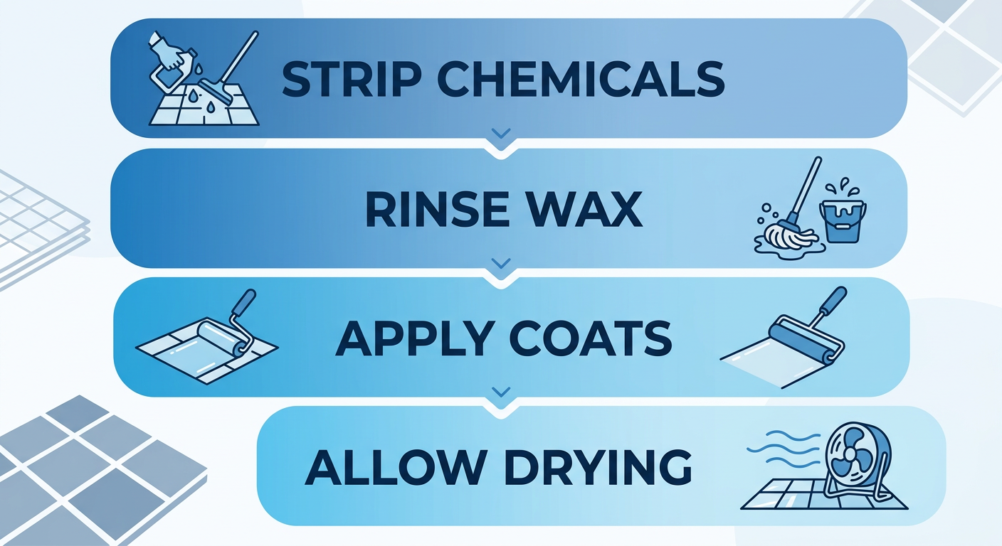 Step-by-step diagram of VCT stripping and waxing process from chemical application to drying