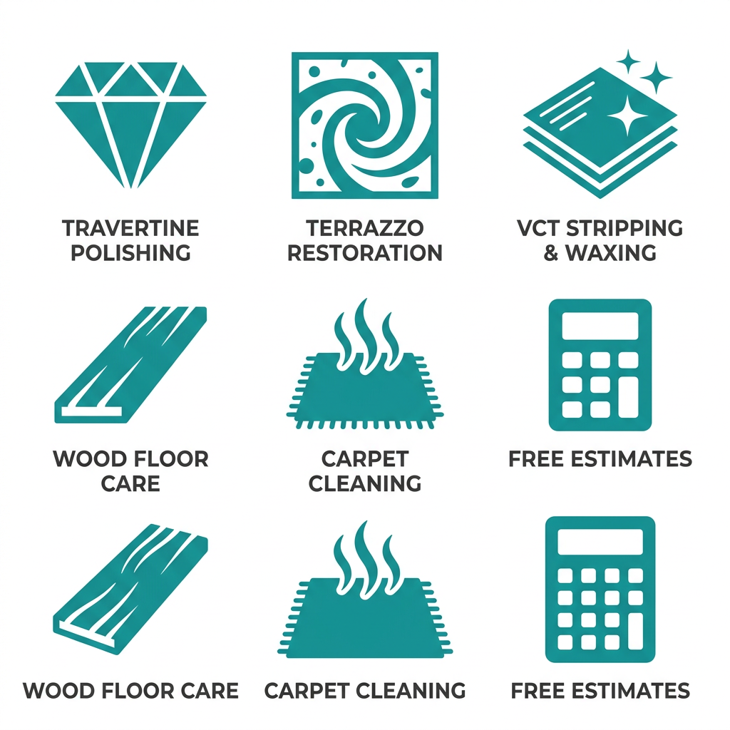 Flat icon grid of AFC Floor Care services: travertine polishing, terrazzo restoration, VCT stripping and waxing, wood floor care, carpet cleaning, free estimates.