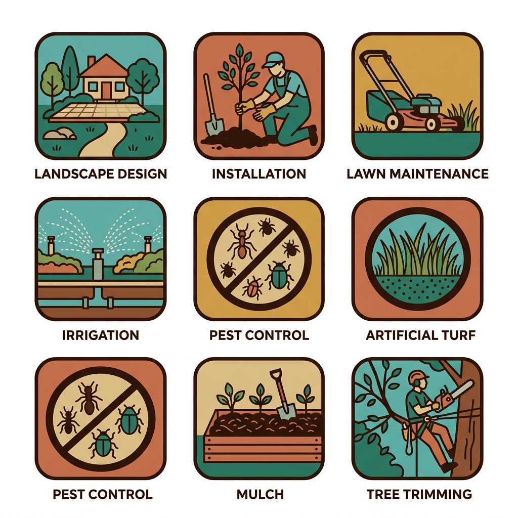 Grid of 8 service icons for landscaping including landscape design, installation, lawn maintenance, artificial turf, irrigation, pest control, mulch, and tree trimming, in teal and earth tones.