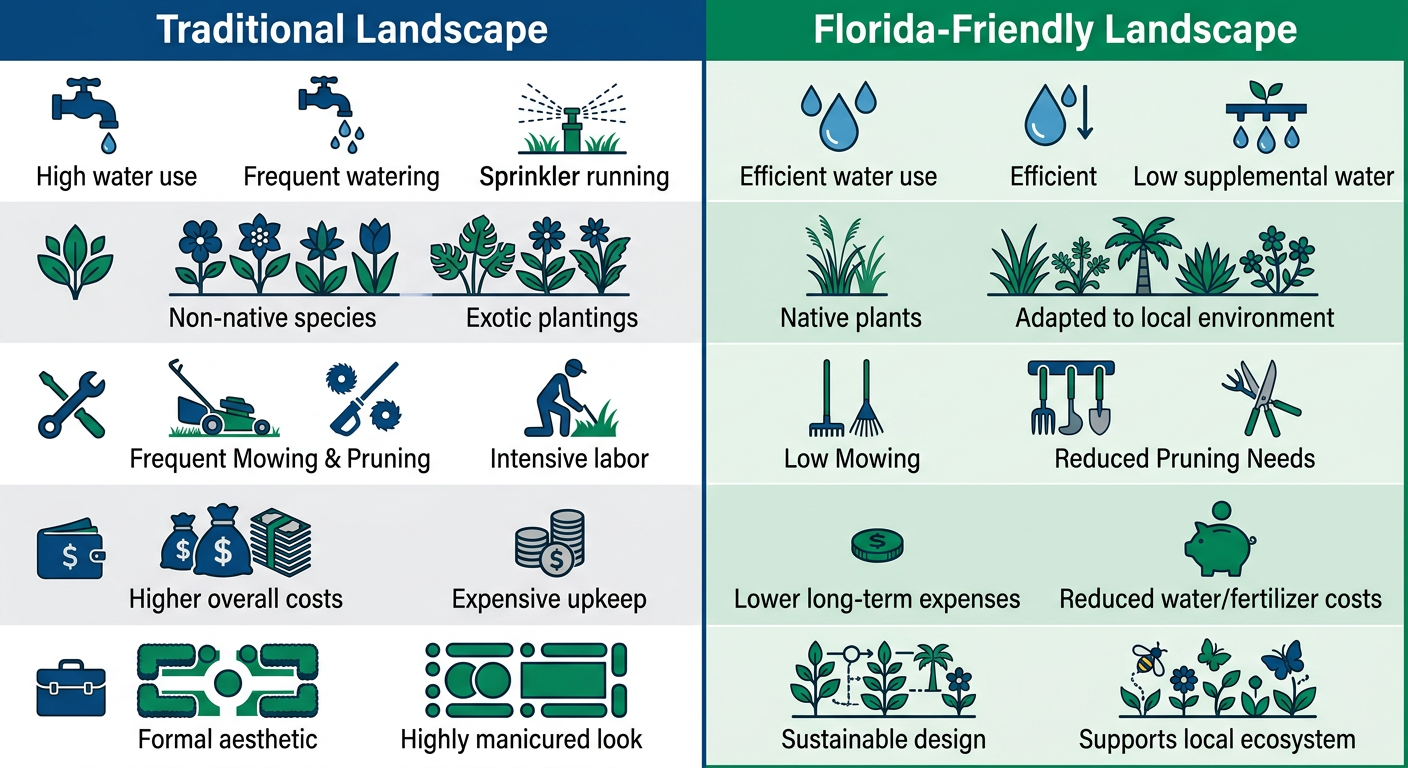 Bar chart infographic contrasting Traditional and Florida-Friendly landscaping across five features including water needs, plant selection, maintenance, long-term cost, and best use.