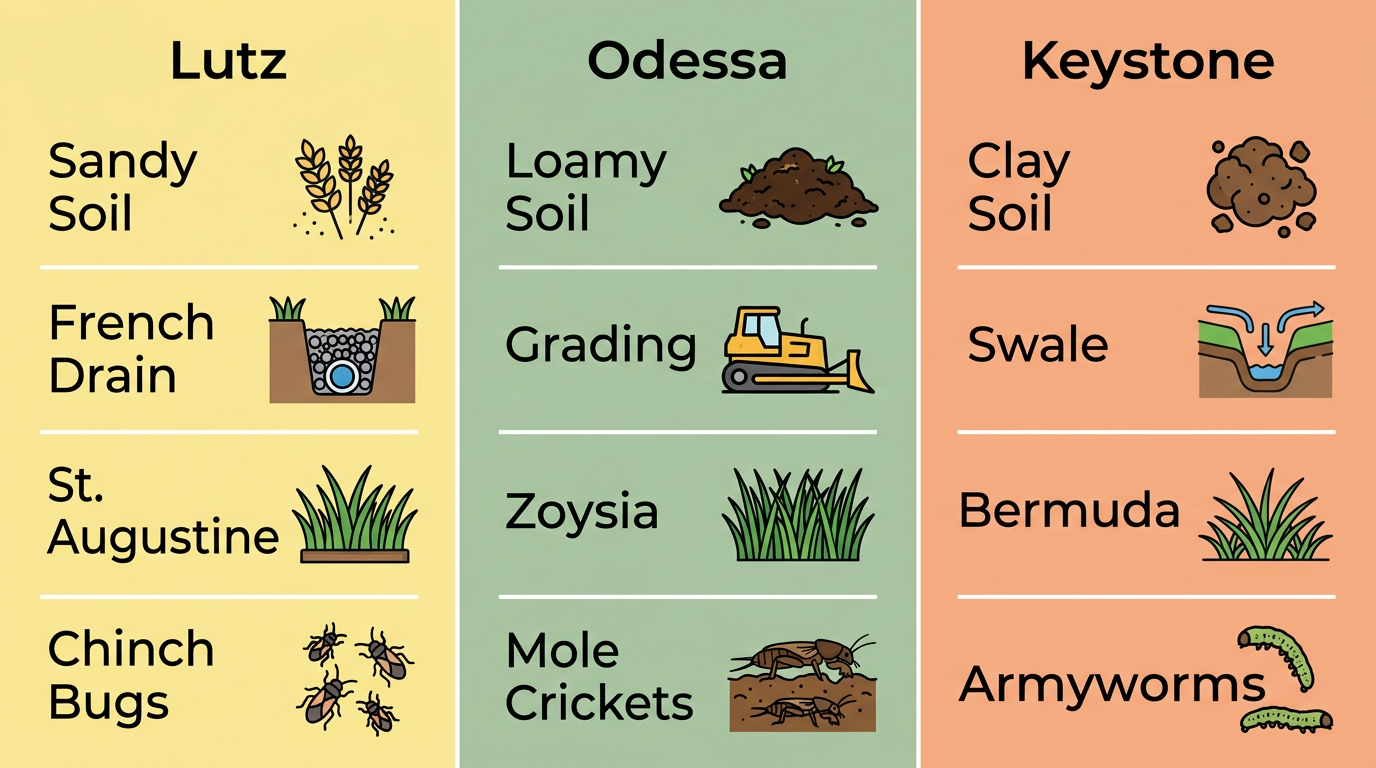 A three-column infographic comparing landscaping characteristics of Lutz, Odessa, and Keystone. Each column shows regional soil type, drainage solutions, grass varieties, and prevalent pests with distinct color coding and minimal icons. No title text anywhere.