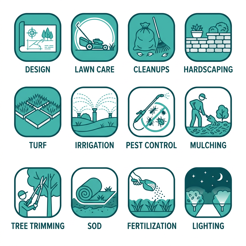 Grid of 12 icons representing GB Grow landscaping services: design, lawn maintenance, cleanups, hardscaping, artificial turf, irrigation, pest control, mulching, tree trimming, sod, fertilization, lighting.