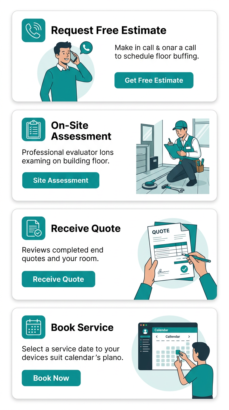Vertical process flow diagram showing four stages to schedule floor buffing service in Tampa including request estimate, on-site assessment, receive quote, and book service with teal and white color scheme.