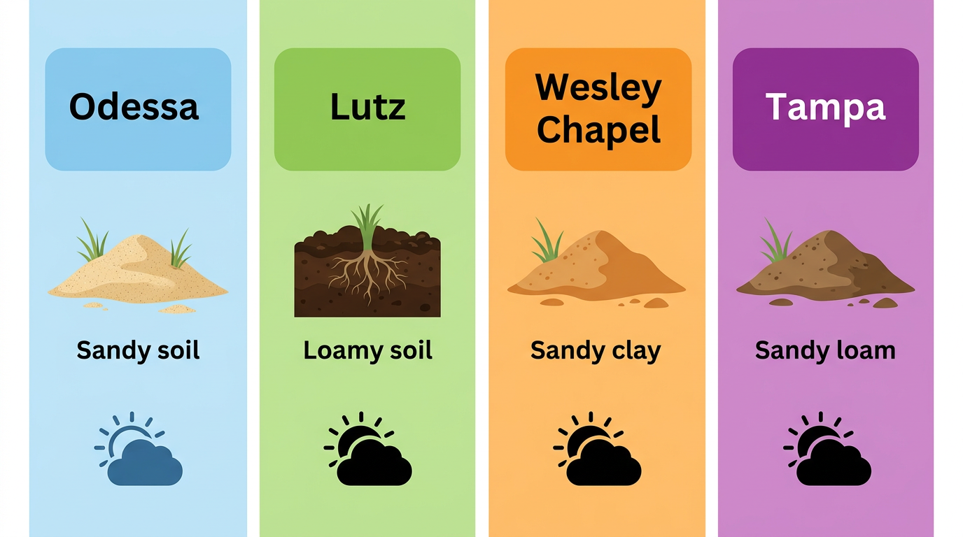 Comparison infographic of lawn care factors across Odessa, Lutz, Wesley Chapel, and Tampa communities.