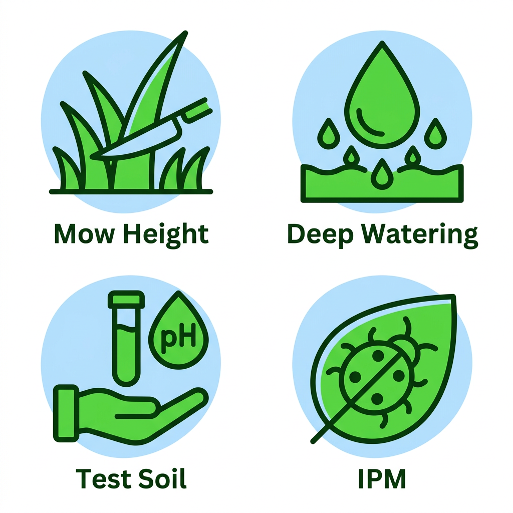 Educational 2x2 icon set showing Florida-Friendly lawn care tips: proper mowing height, deep watering, soil testing, and integrated pest management, in green and blue tones on a white background